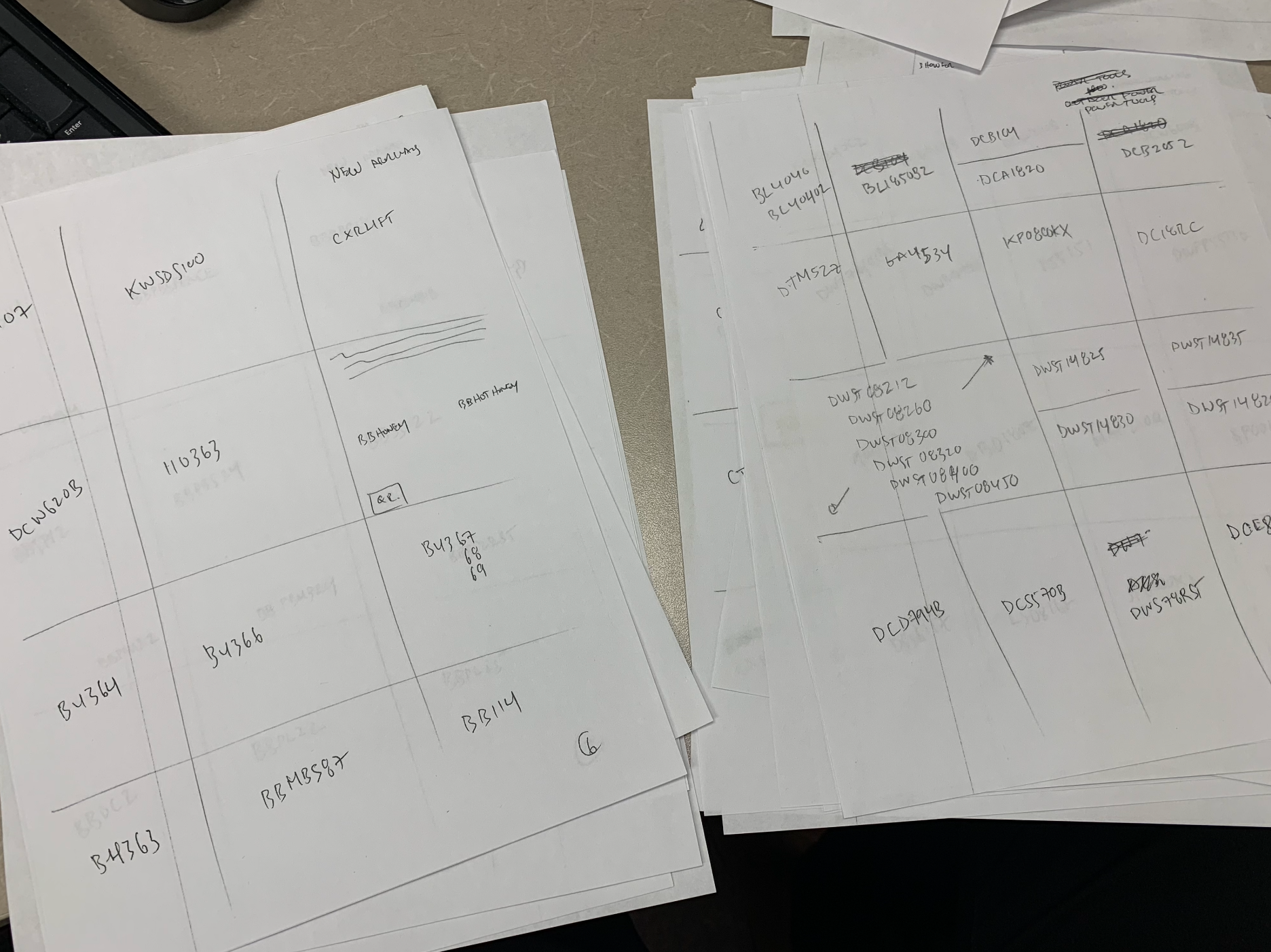 Catalogue planning sheets with product codes and promotional placement