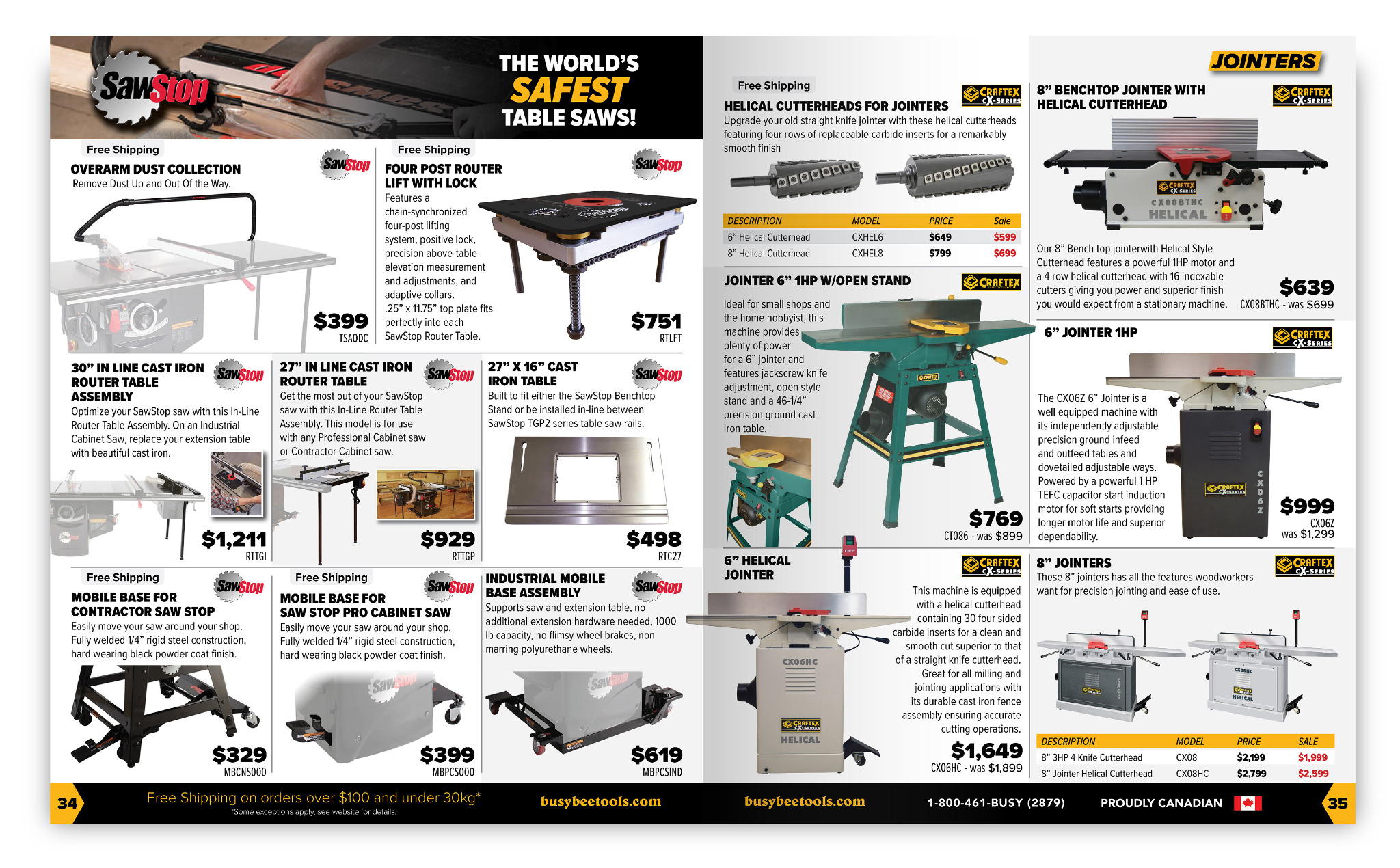 Busy Bee Tools SawStop and jointers catalogue spread