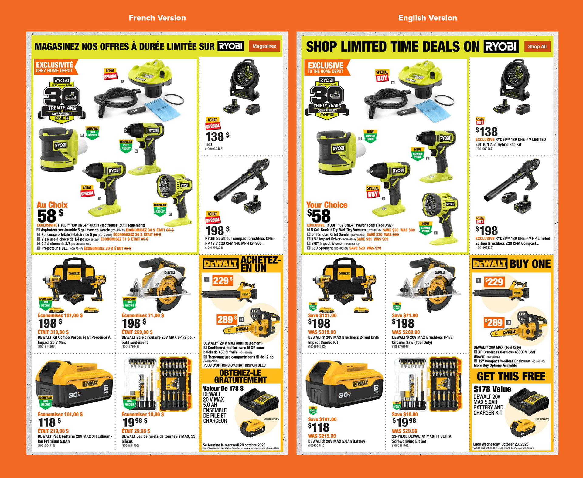 French and English versions of a Home Depot Canada Ryobi and DeWalt promotional flyer