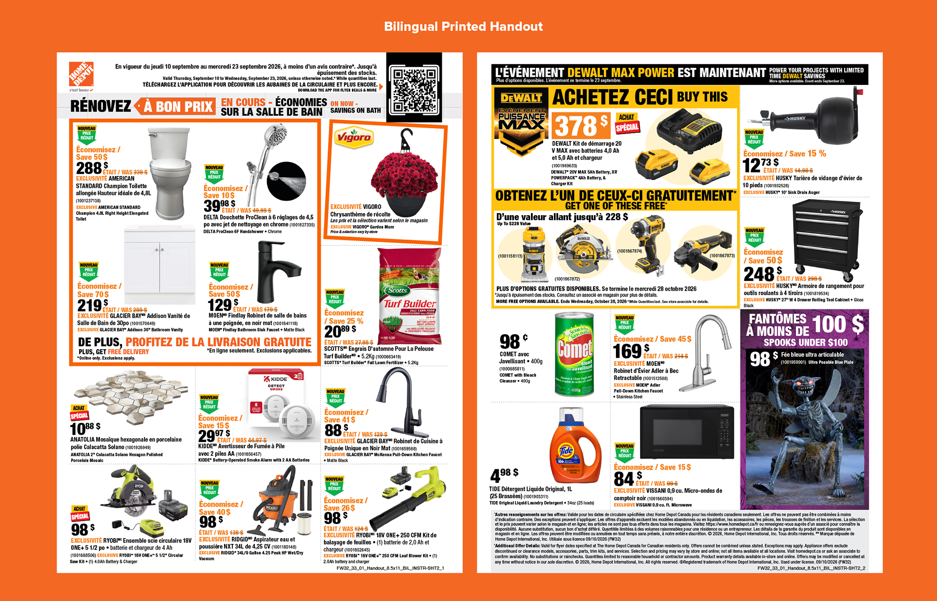 Bilingual printed Home Depot Canada promotional handout with English and French retail messaging