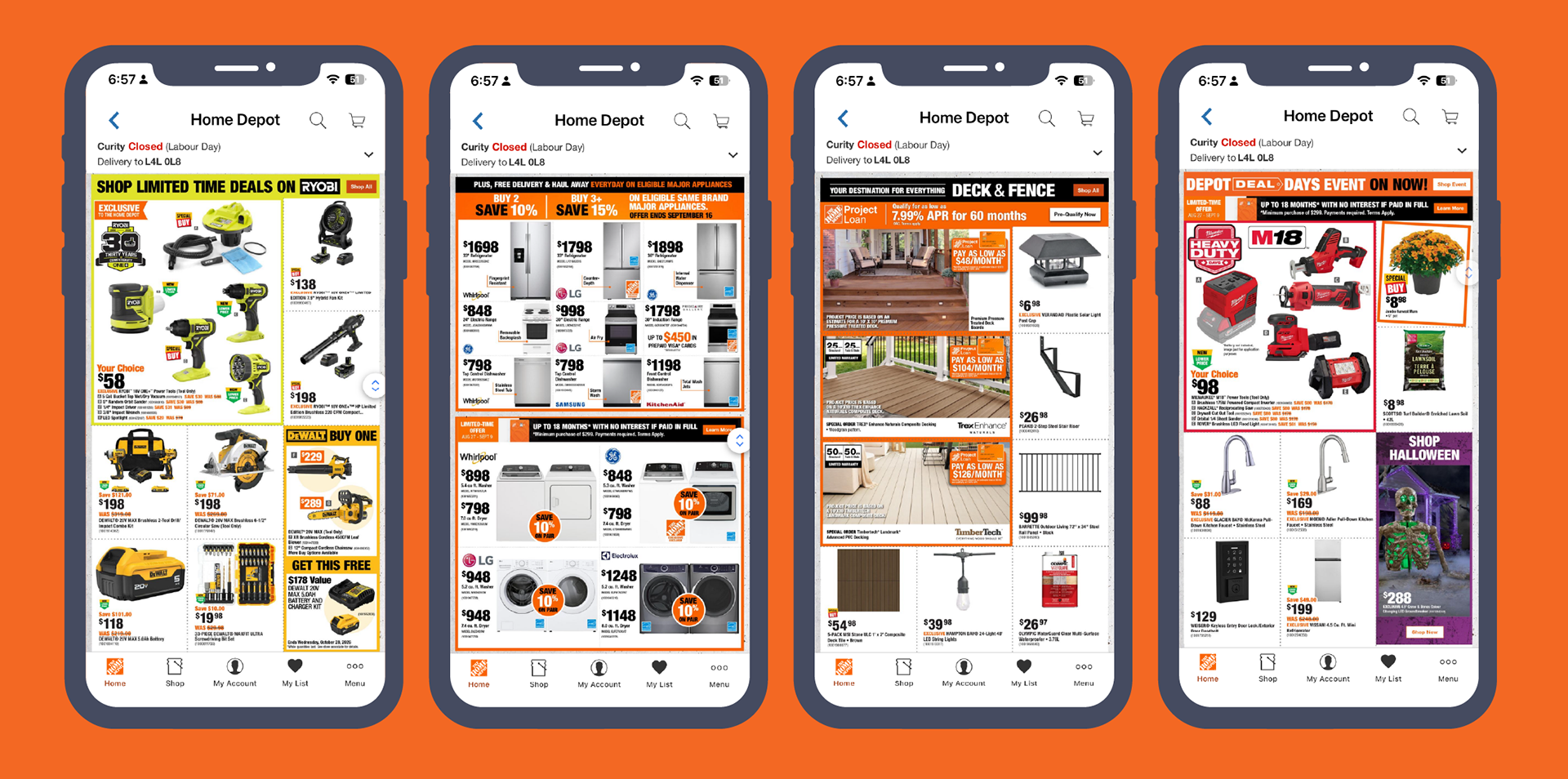 The Home Depot Canada mobile digital flyer designs across tools, appliances, deck and fence, seasonal and promotional categories