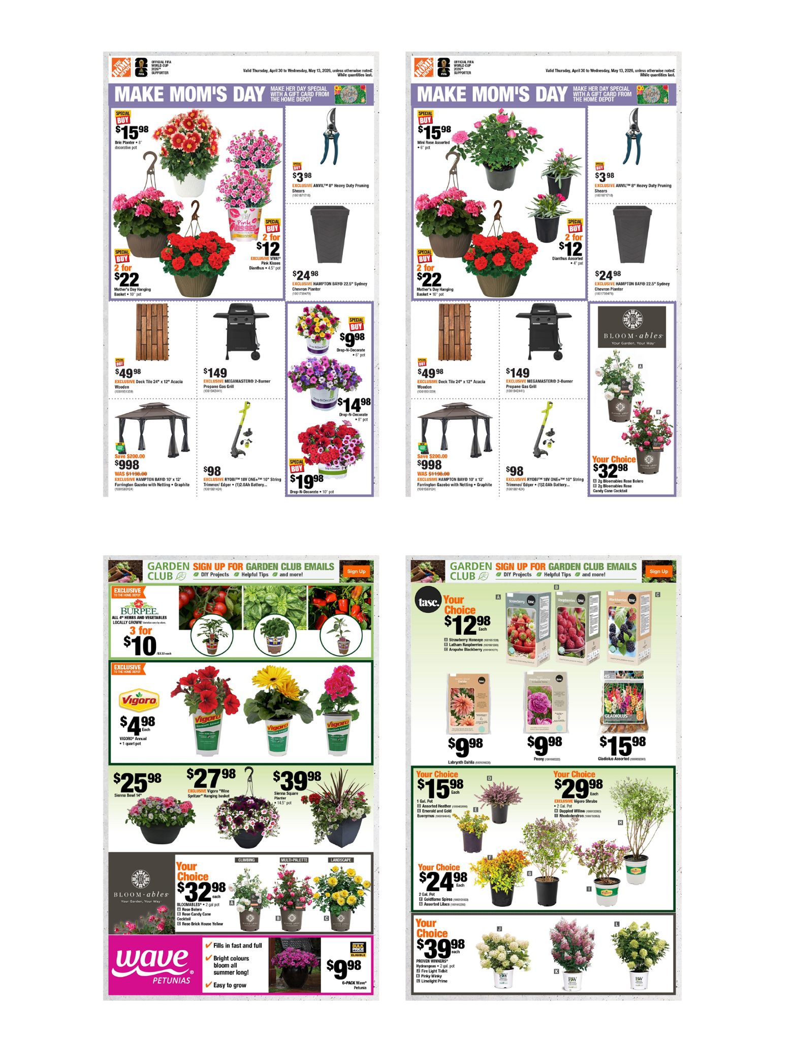 Home Depot Canada Ontario and Atlantic regional flyer versions showing different live-goods assortments within a consistent campaign system