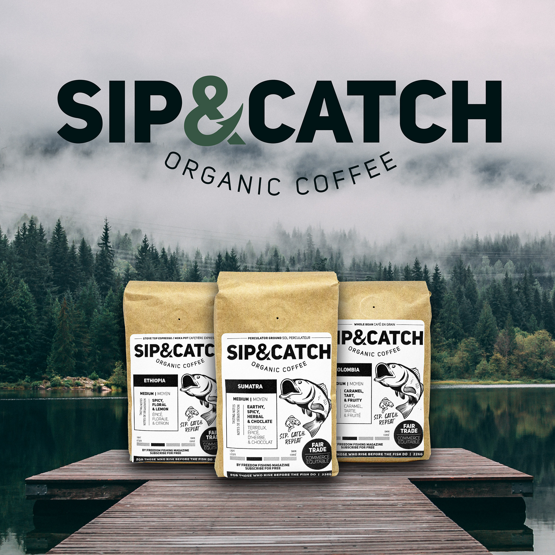 Sip & Catch Organic Coffee identity