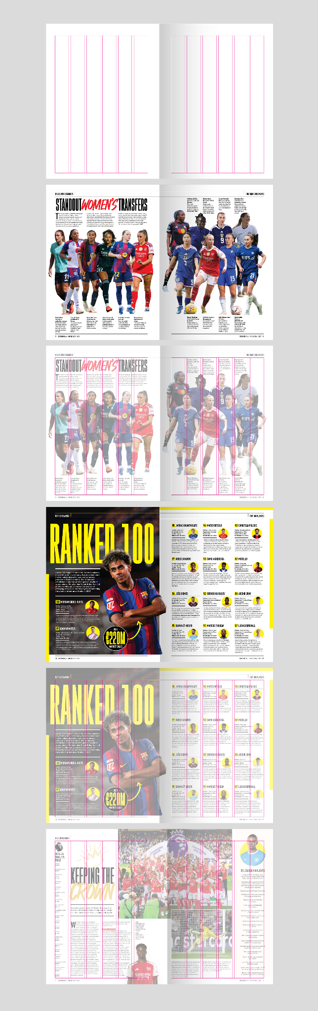 Soccer 360 Magazine spreads shown with and without the underlying editorial grid