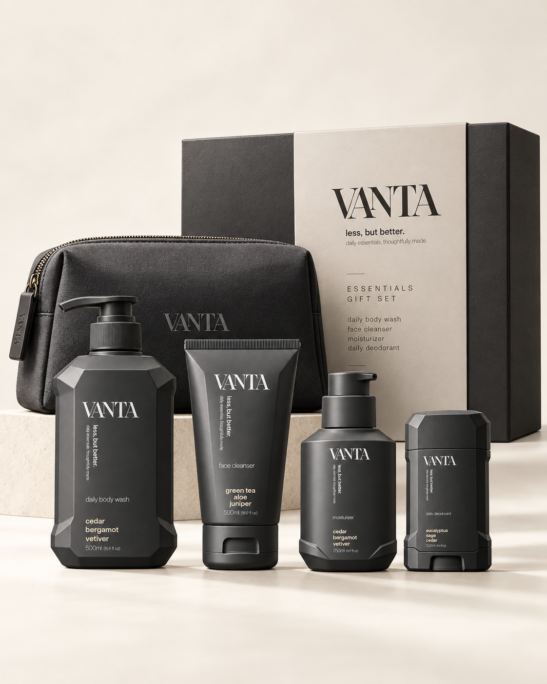 VANTA essentials gift set packaging with the full men’s personal-care collection and toiletry bag