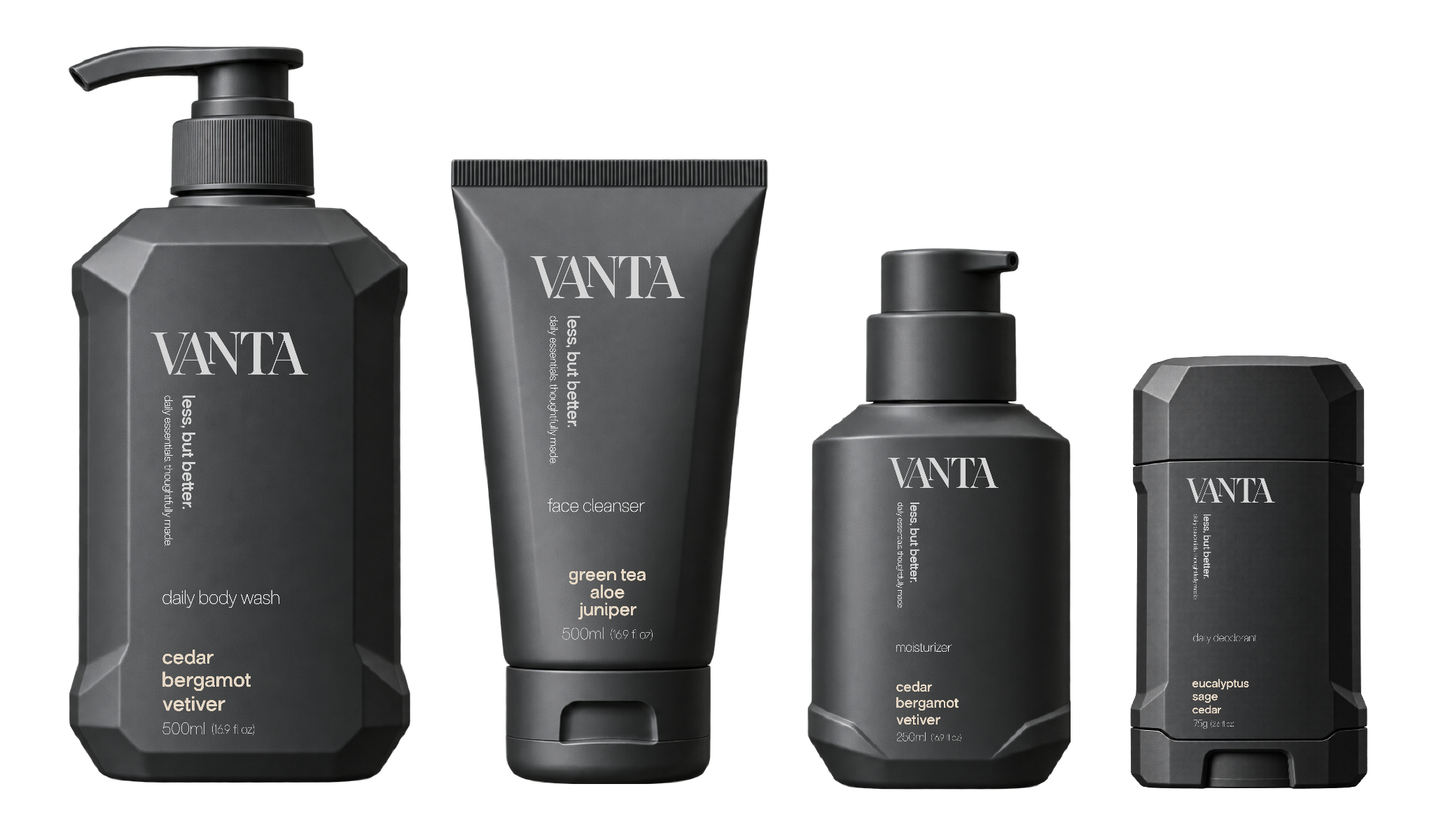 VANTA product line packaging system for body wash, face cleanser, moisturizer and deodorant